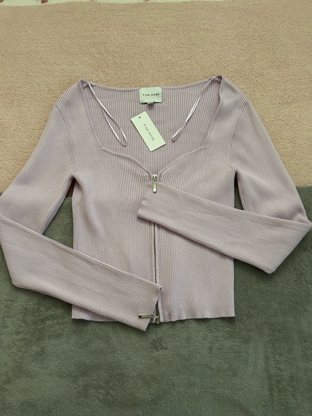 Pink Rose Ribbed Zip-Front Top in Light Lilac